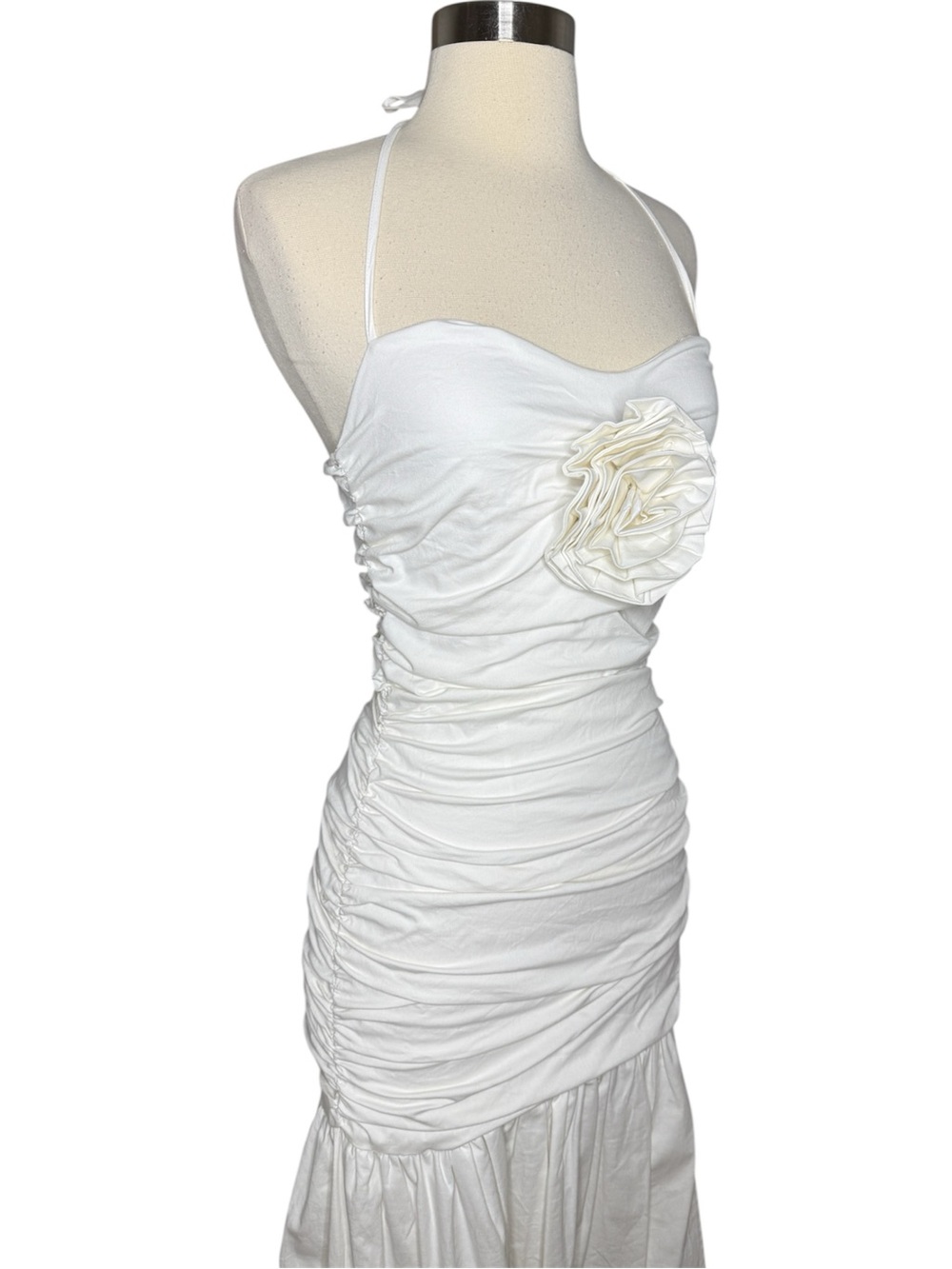 AKIRA White Ruched Halter Dress with Floral Accent